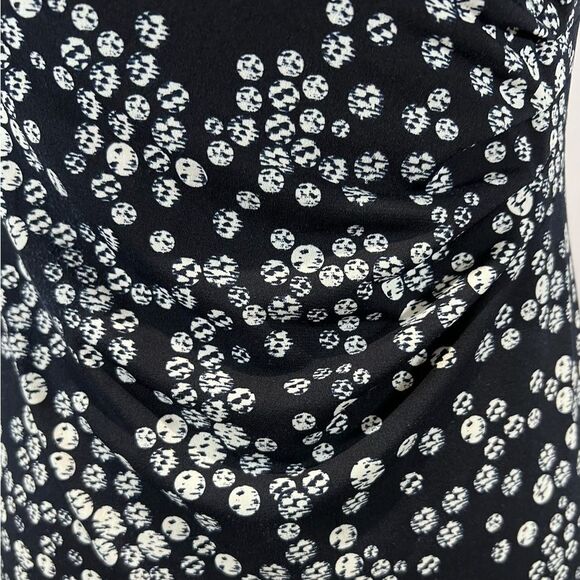 Navy and white artistic dot print cowl neck sheath dress size 6 - Picture 3 of 6
